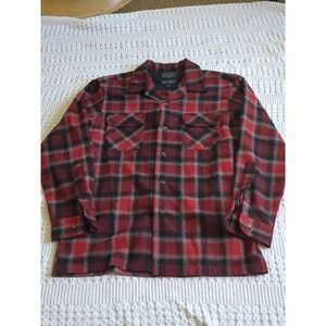 Pendleton Board Shirt Loop Collar Shadow Wool Long Sleeve Plaid Red Black Medium